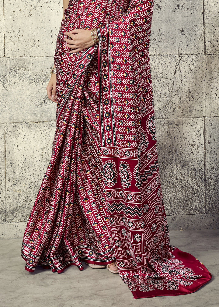 Maroon Modal Satin Ajrakh Print Saree with Contrast Blouse