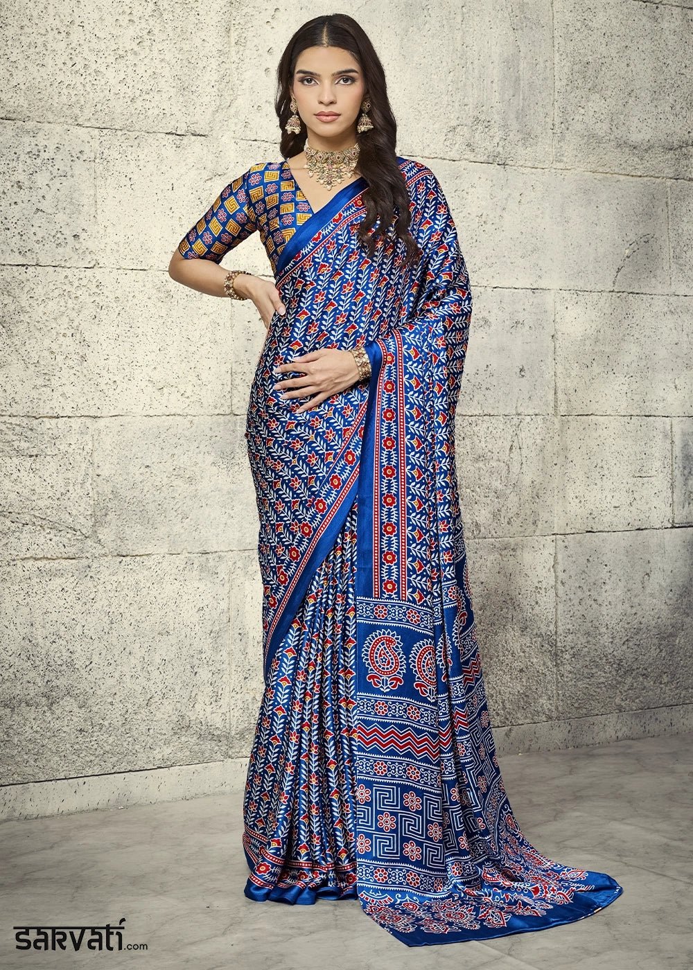 Royal Blue Modal Satin Ajrakh Print Saree with Contrast Blouse