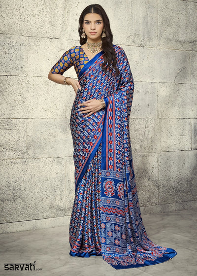 Royal Blue Modal Satin Ajrakh Print Saree with Contrast Blouse