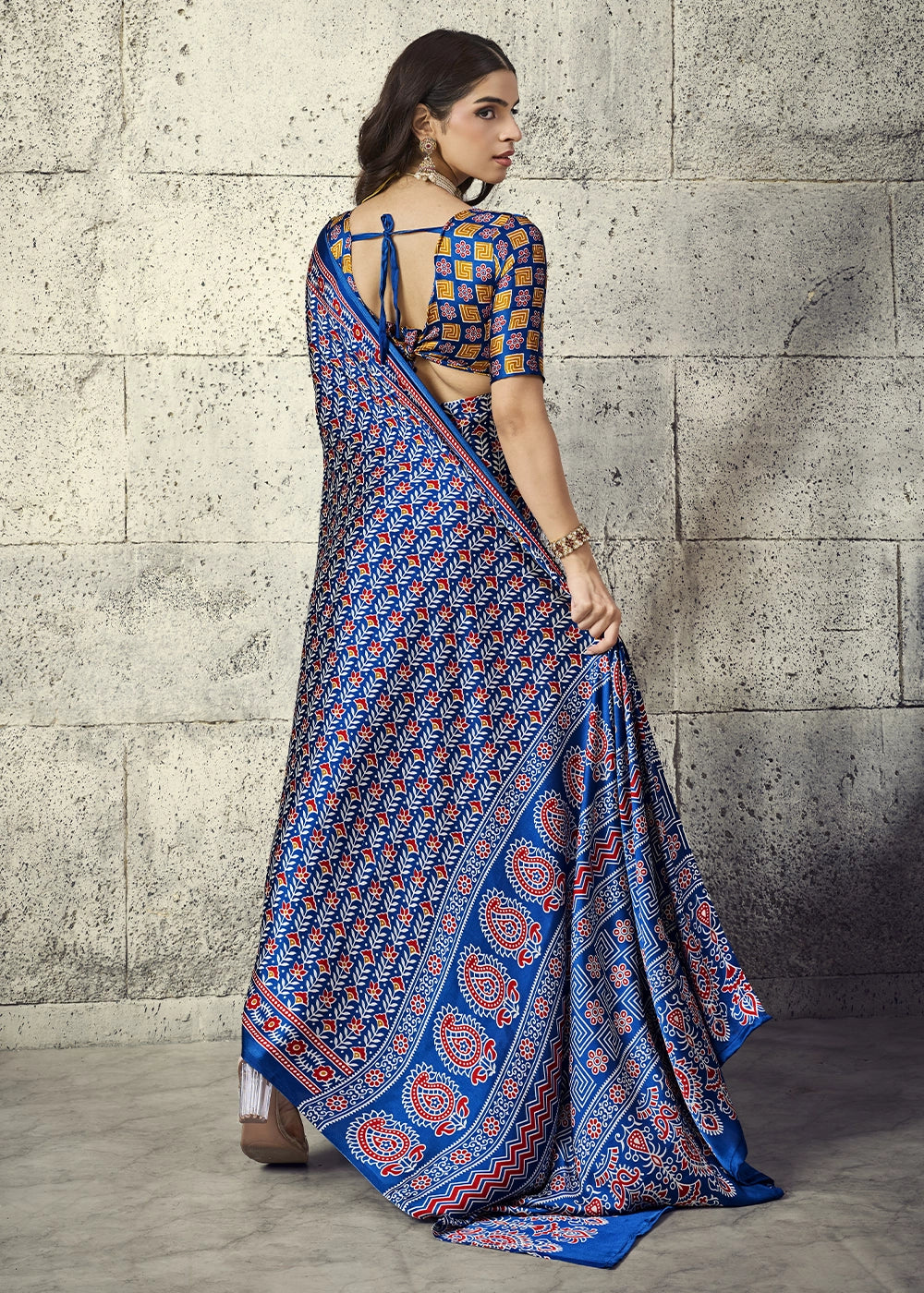 Royal Blue Modal Satin Ajrakh Print Saree with Contrast Blouse