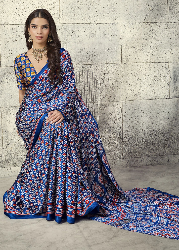 Royal Blue Modal Satin Ajrakh Print Saree with Contrast Blouse