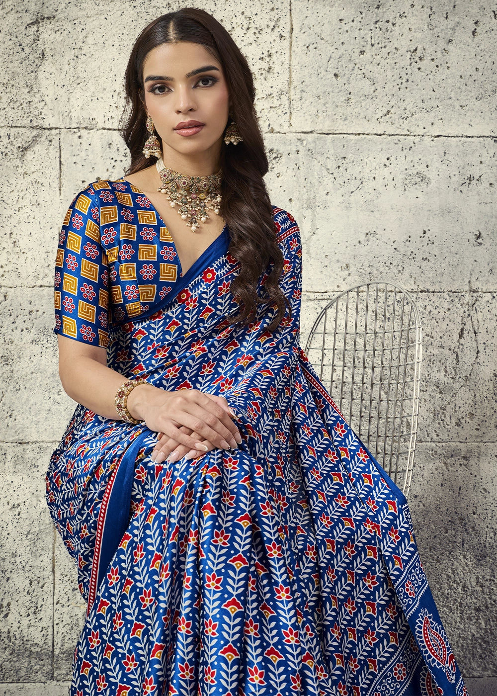 Royal Blue Modal Satin Ajrakh Print Saree with Contrast Blouse