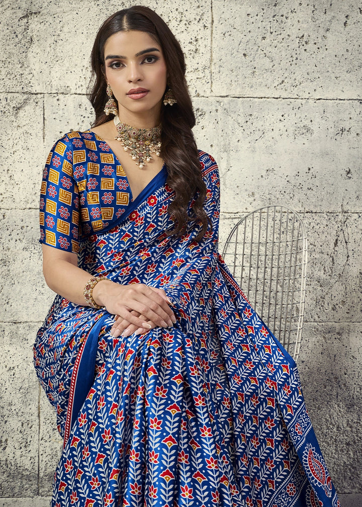 Royal Blue Modal Satin Ajrakh Print Saree with Contrast Blouse