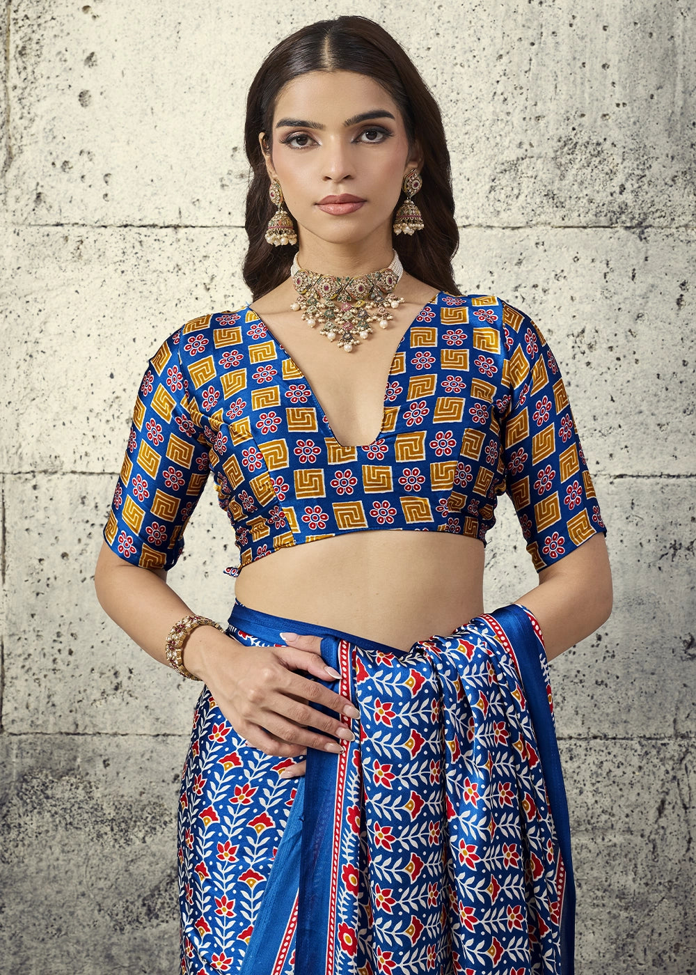 Royal Blue Modal Satin Ajrakh Print Saree with Contrast Blouse