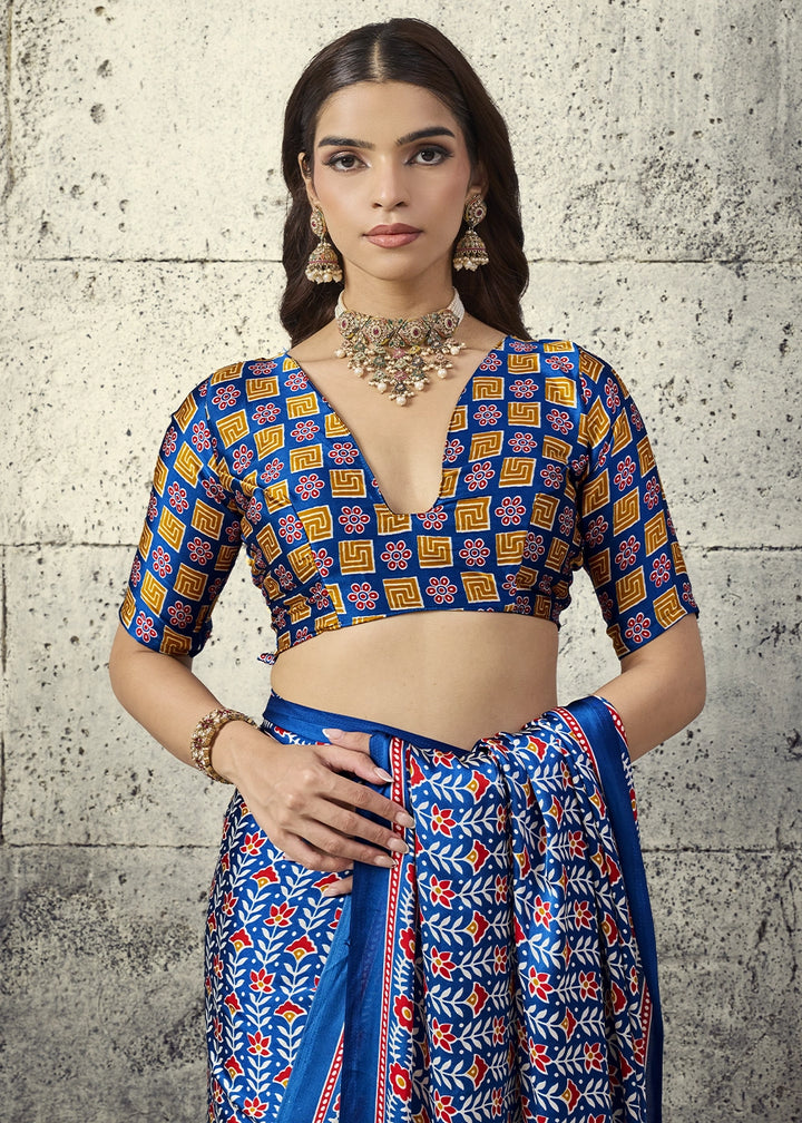 Royal Blue Modal Satin Ajrakh Print Saree with Contrast Blouse