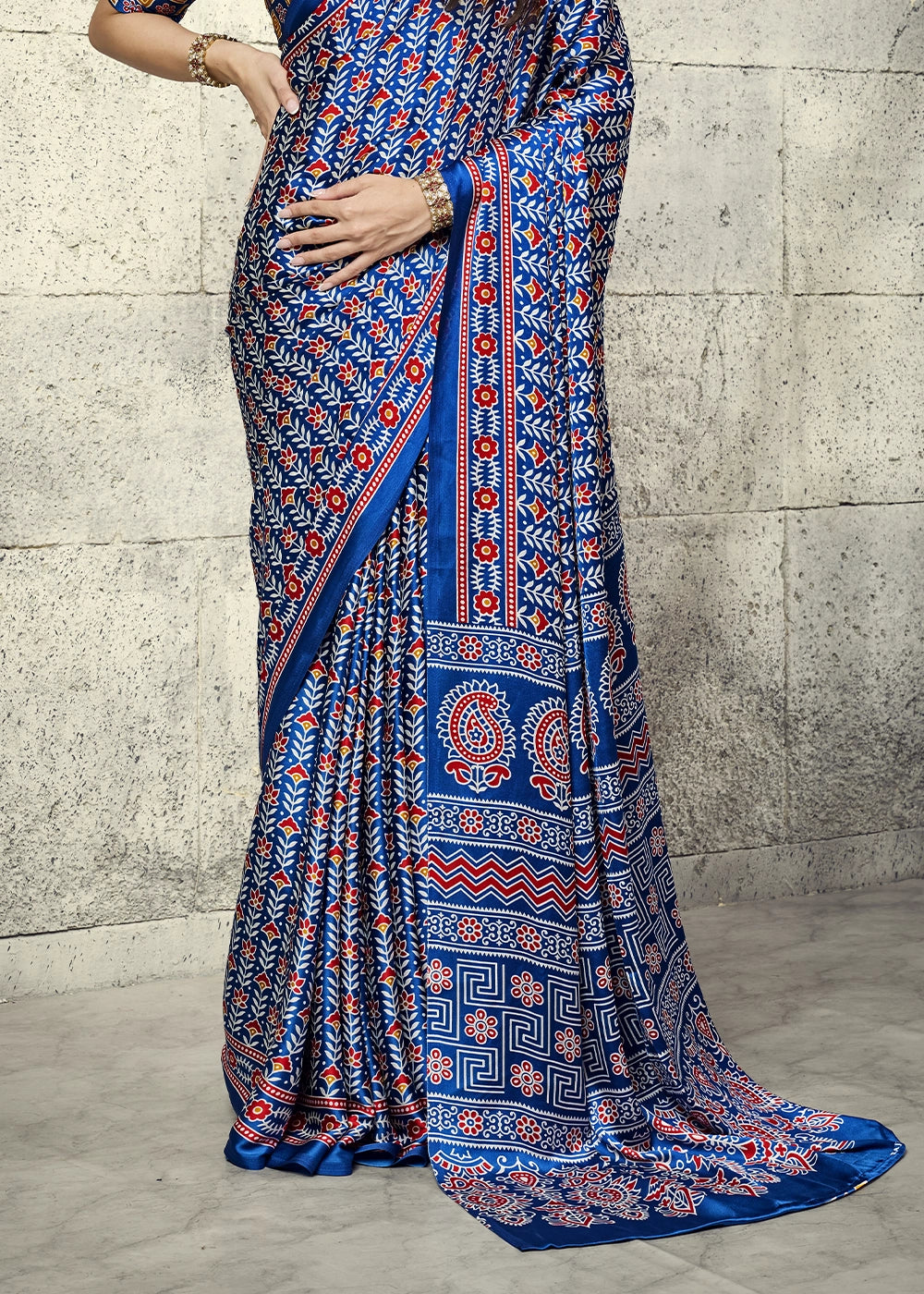 Royal Blue Modal Satin Ajrakh Print Saree with Contrast Blouse