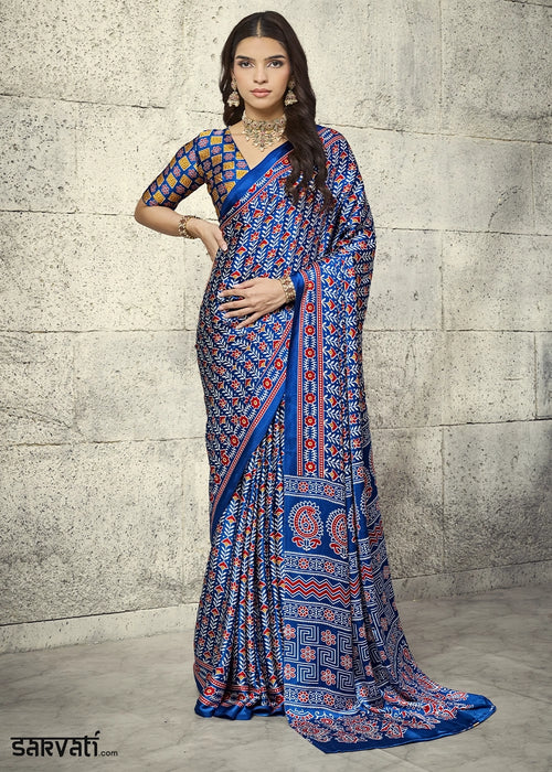 Royal Blue Modal Satin Ajrakh Print Saree with Contrast Blouse