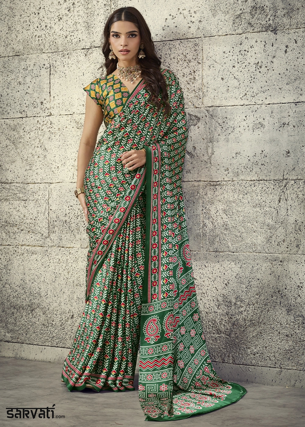 Green Modal Satin Ajrakh Print Saree with Contrast Blouse
