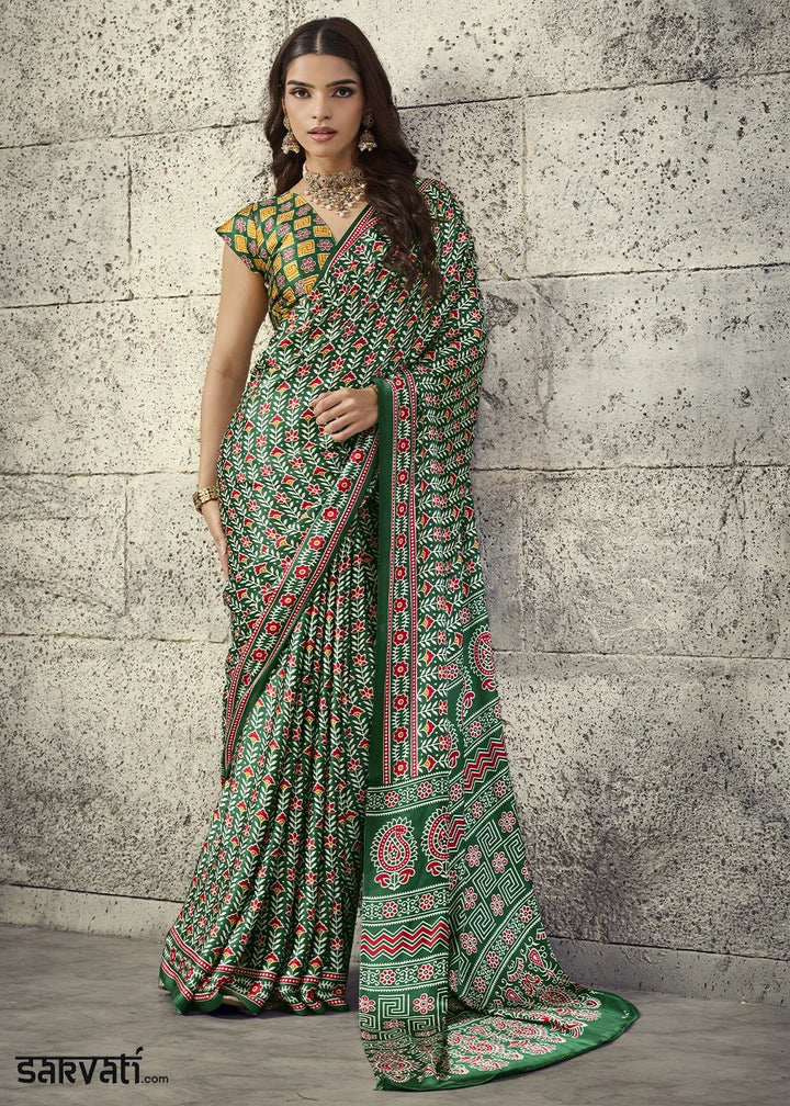 Green Modal Satin Ajrakh Print Saree with Contrast Blouse