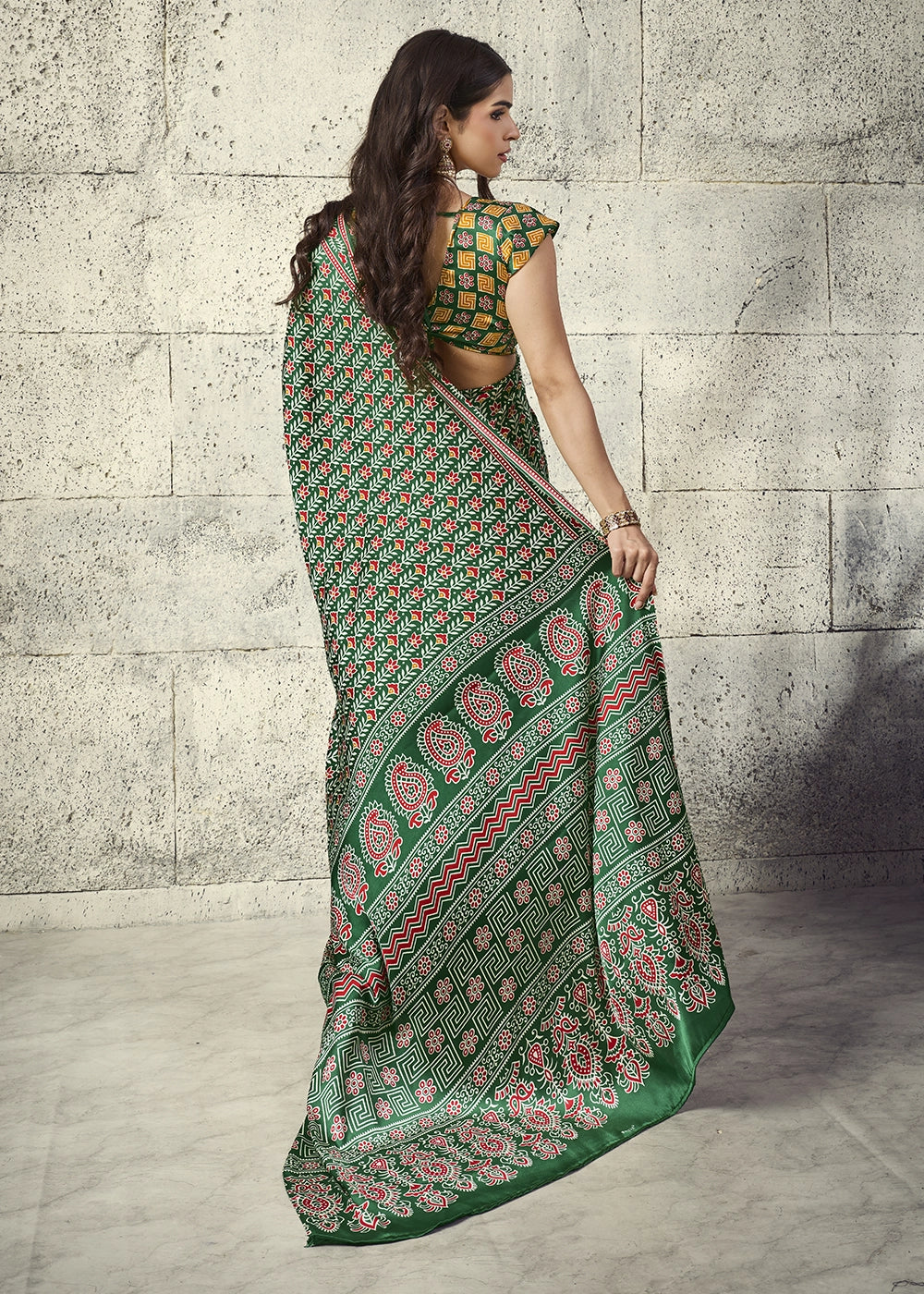 Green Modal Satin Ajrakh Print Saree with Contrast Blouse