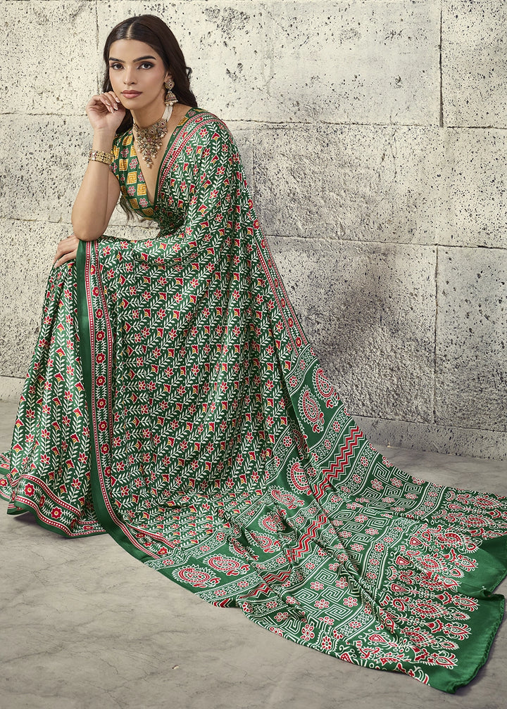 Green Modal Satin Ajrakh Print Saree with Contrast Blouse