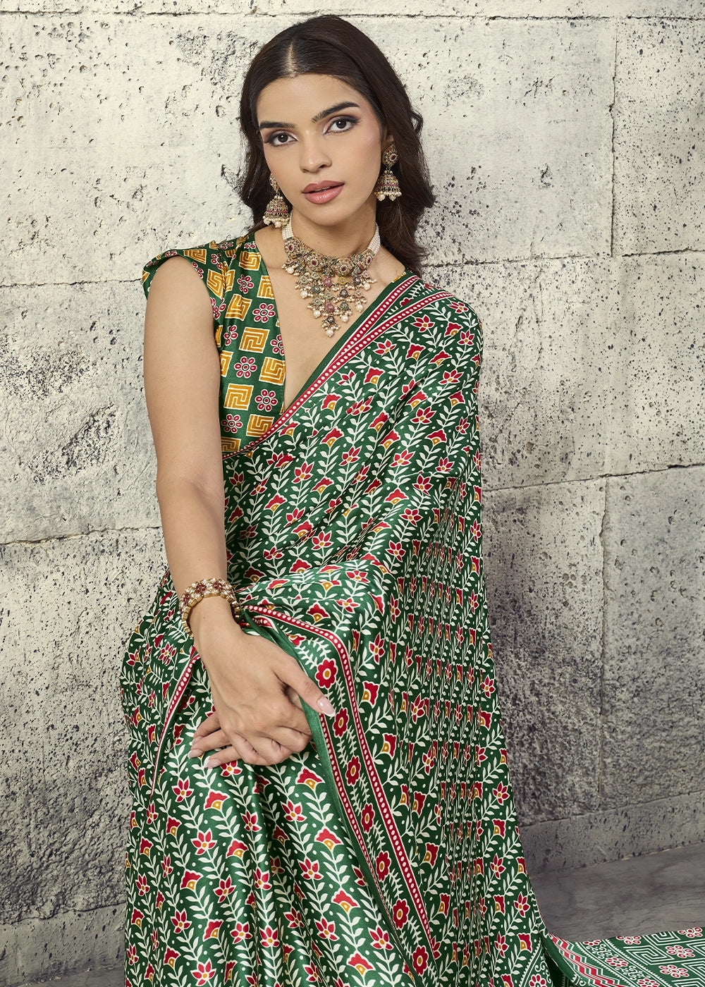 Green Modal Satin Ajrakh Print Saree with Contrast Blouse