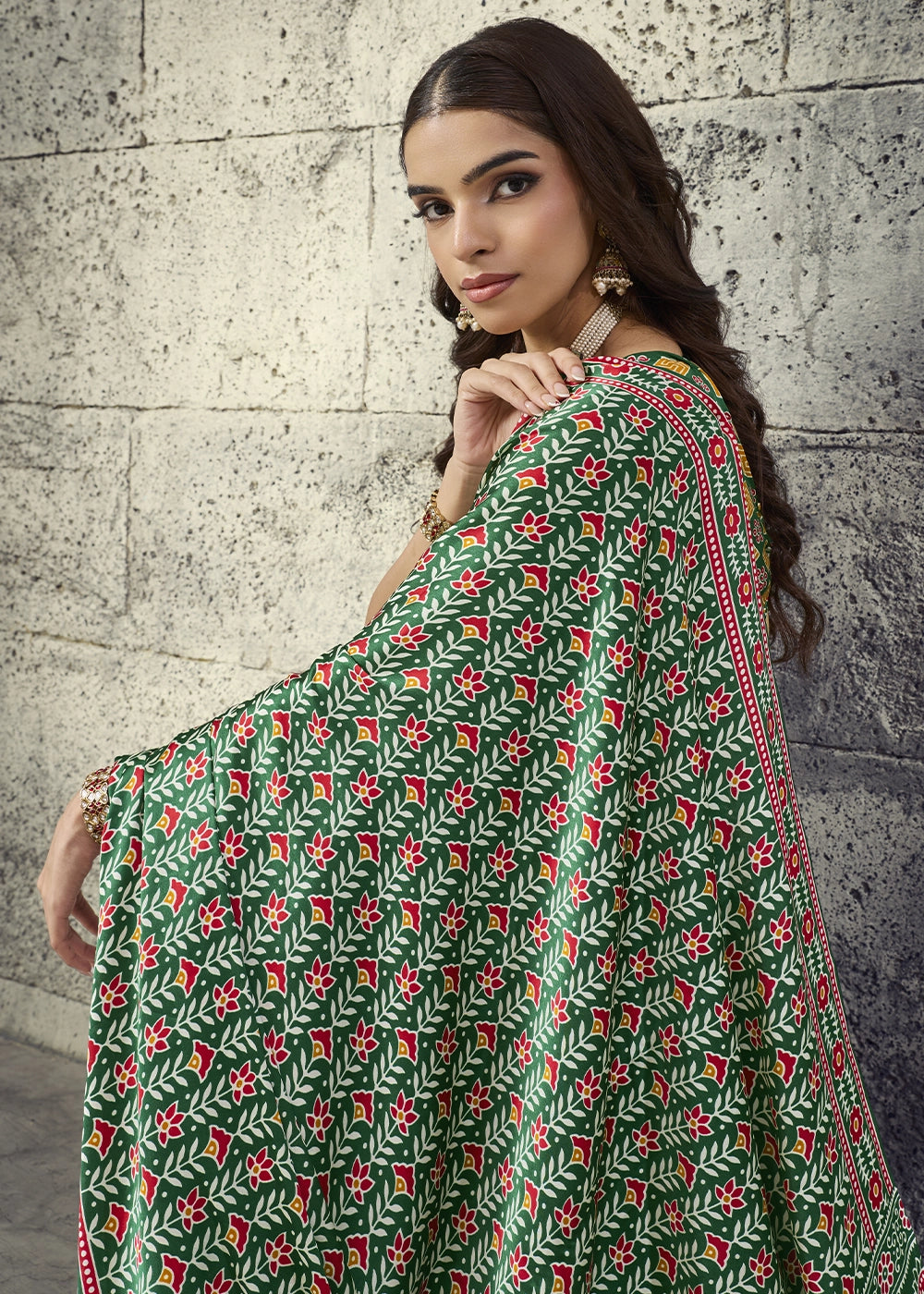 Green Modal Satin Ajrakh Print Saree with Contrast Blouse