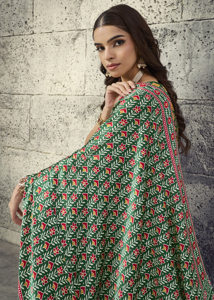 Green Modal Satin Ajrakh Print Saree with Contrast Blouse