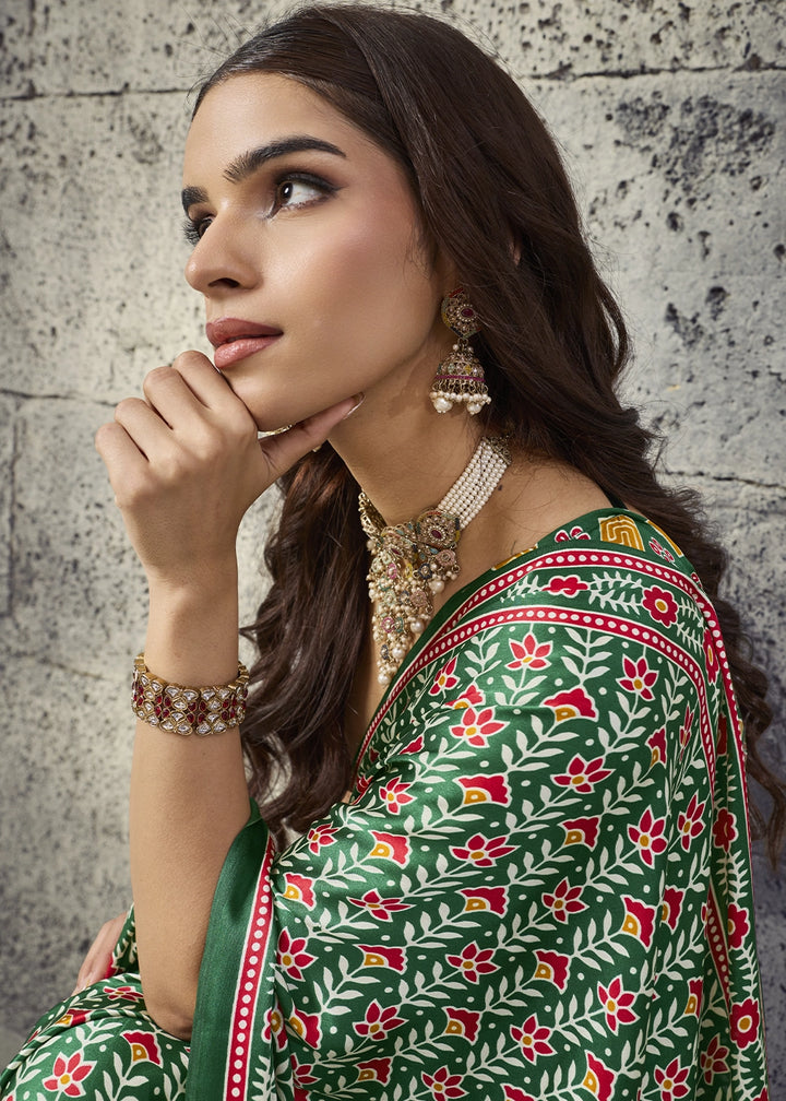 Green Modal Satin Ajrakh Print Saree with Contrast Blouse