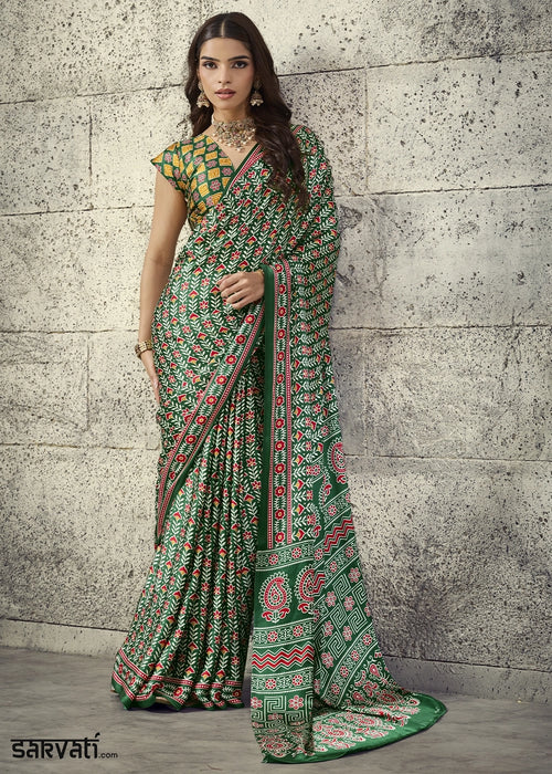 Green Modal Satin Ajrakh Print Saree with Contrast Blouse