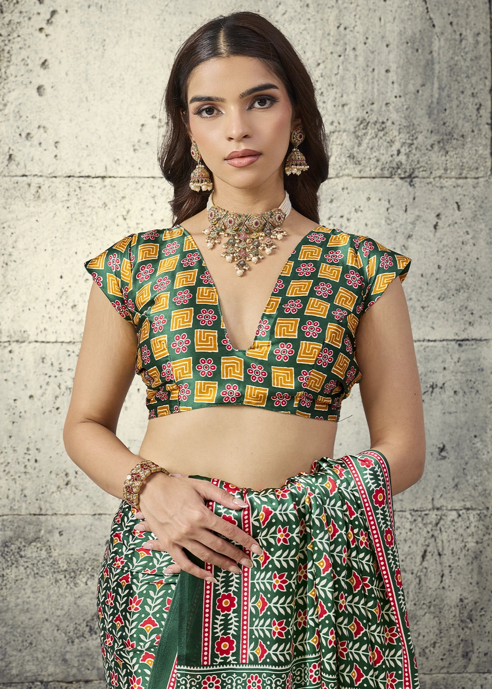 Green Modal Satin Ajrakh Print Saree with Contrast Blouse