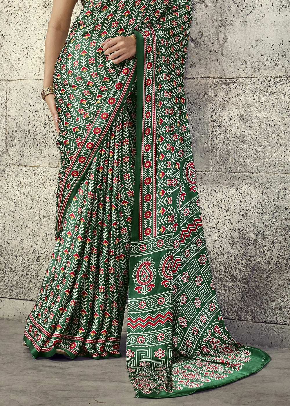Green Modal Satin Ajrakh Print Saree with Contrast Blouse
