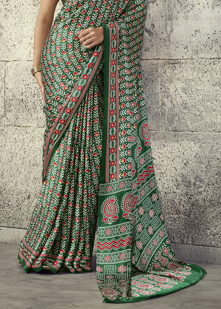 Green Modal Satin Ajrakh Print Saree with Contrast Blouse
