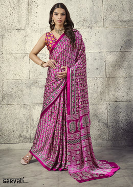 Magenta Pink Modal Satin Ajrakh Print Saree with Contrast Blouse