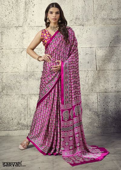Magenta Pink Modal Satin Ajrakh Print Saree with Contrast Blouse