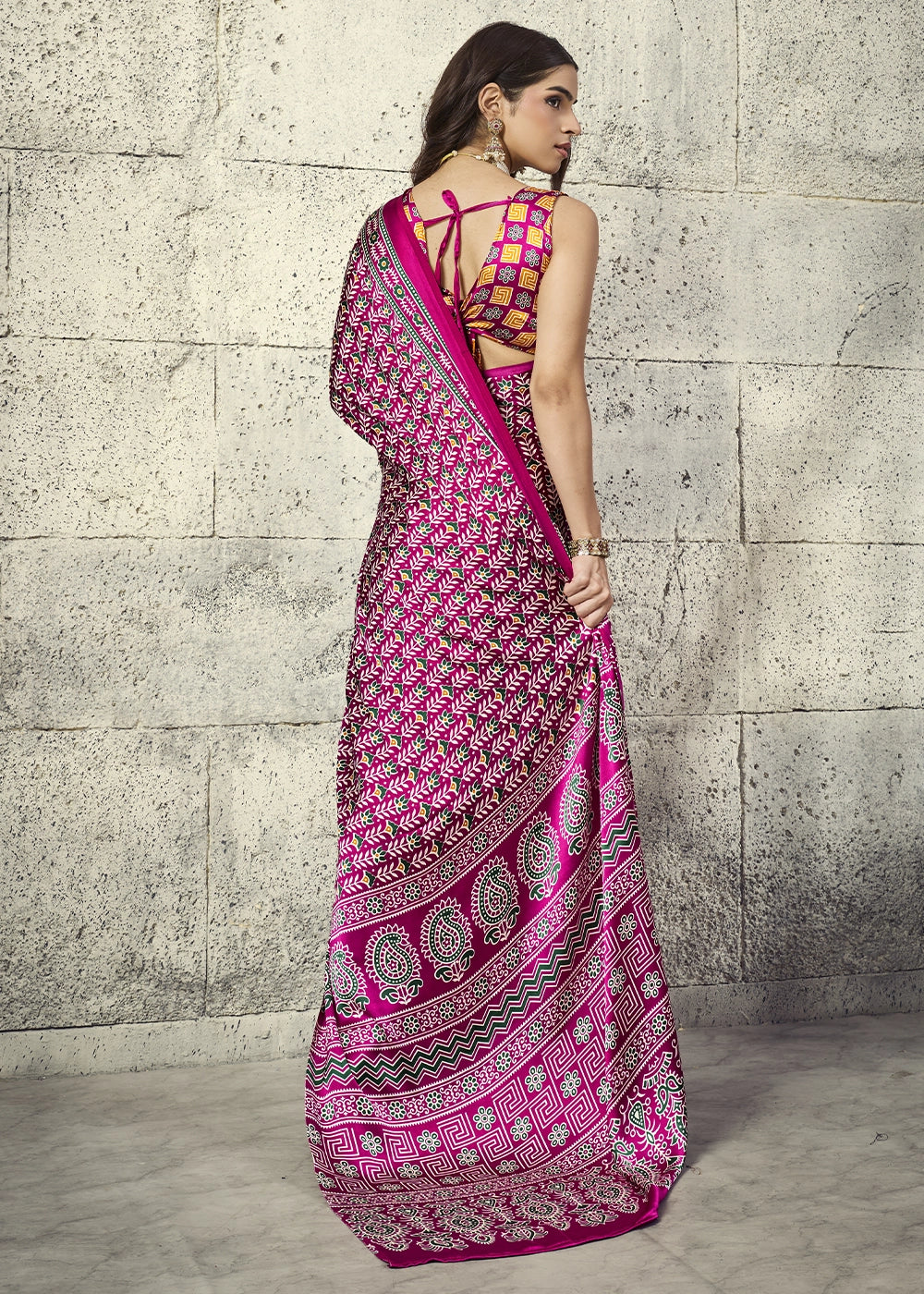 Magenta Pink Modal Satin Ajrakh Print Saree with Contrast Blouse