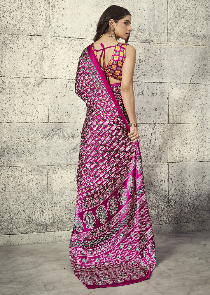 Magenta Pink Modal Satin Ajrakh Print Saree with Contrast Blouse