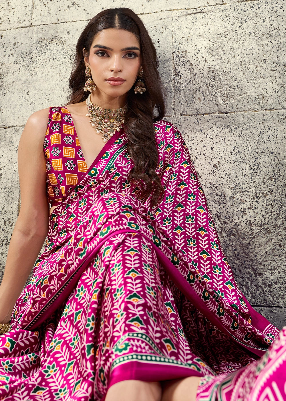 Magenta Pink Modal Satin Ajrakh Print Saree with Contrast Blouse