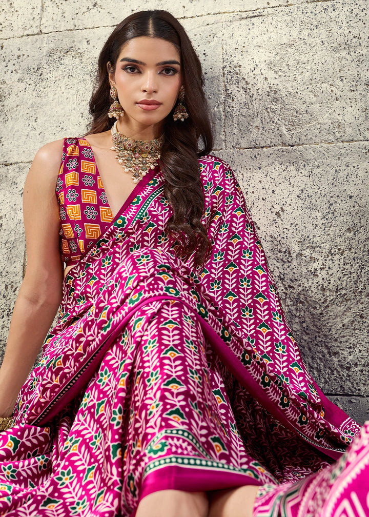 Magenta Pink Modal Satin Ajrakh Print Saree with Contrast Blouse