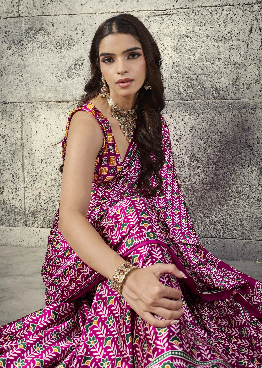 Magenta Pink Modal Satin Ajrakh Print Saree with Contrast Blouse