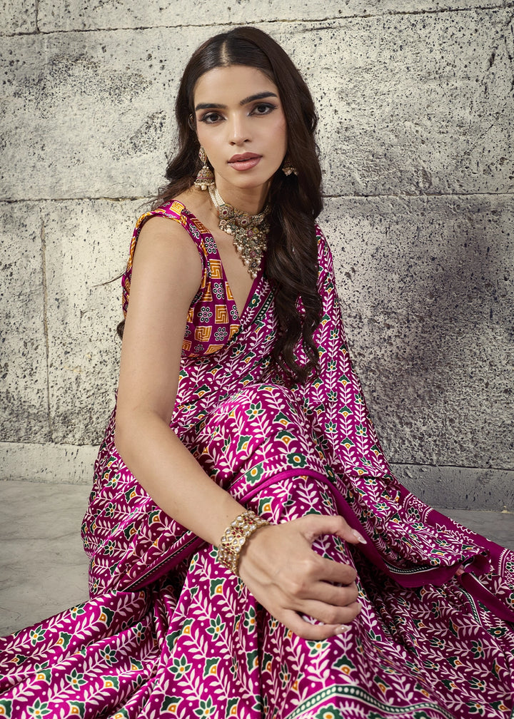 Magenta Pink Modal Satin Ajrakh Print Saree with Contrast Blouse