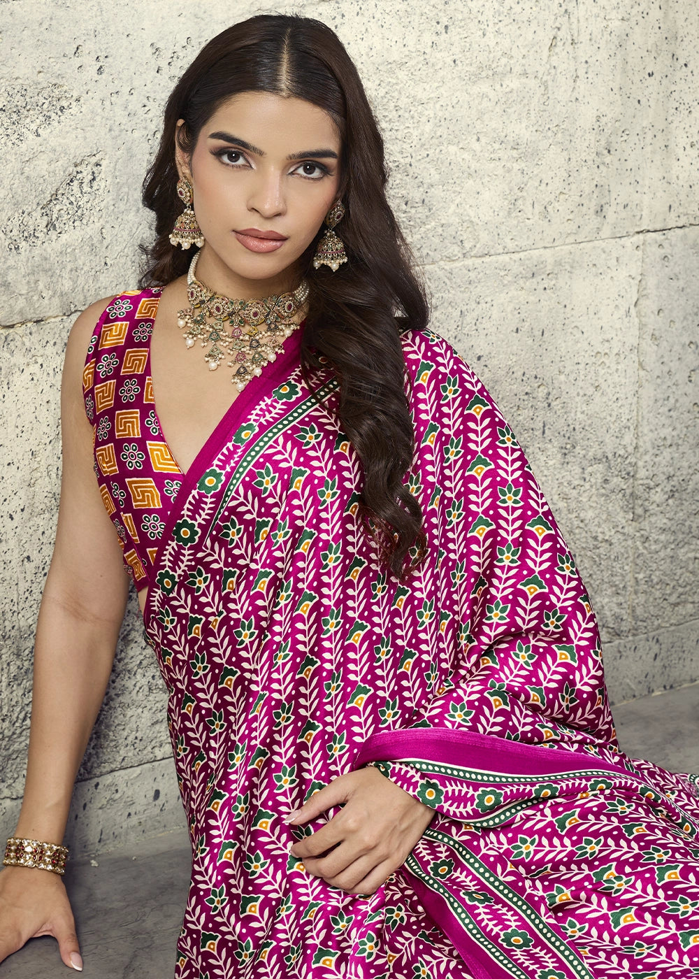 Magenta Pink Modal Satin Ajrakh Print Saree with Contrast Blouse