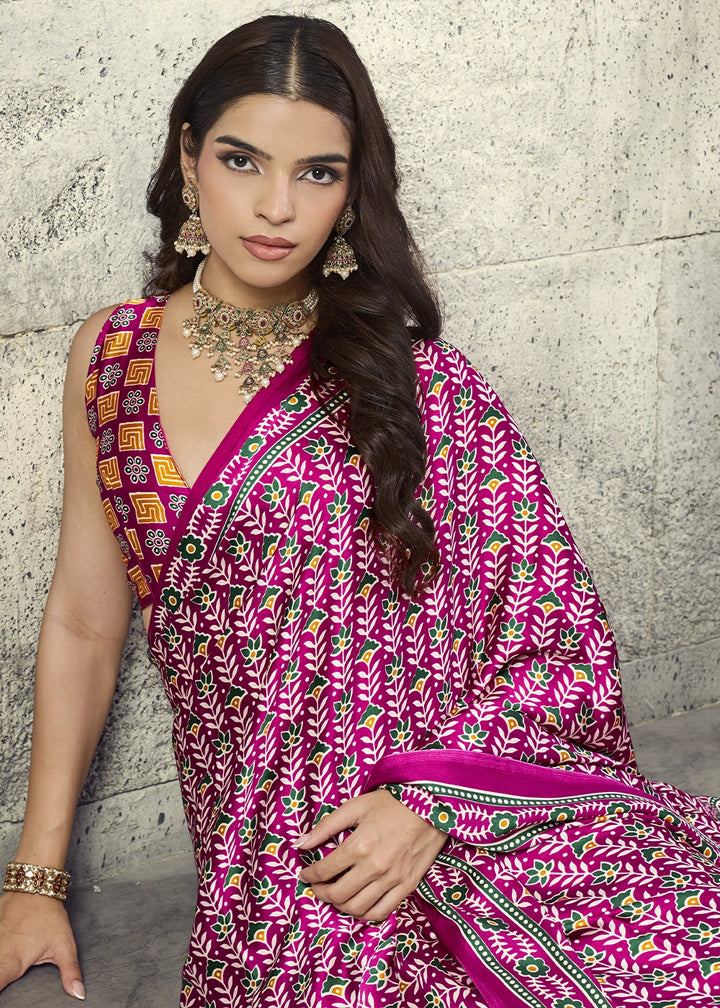 Magenta Pink Modal Satin Ajrakh Print Saree with Contrast Blouse