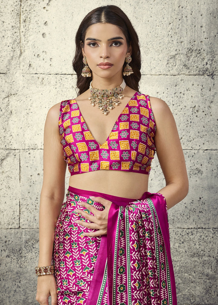 Magenta Pink Modal Satin Ajrakh Print Saree with Contrast Blouse