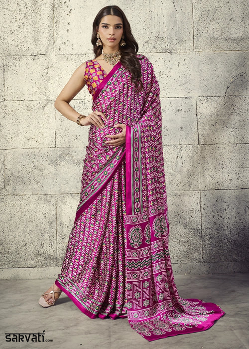 Magenta Pink Modal Satin Ajrakh Print Saree with Contrast Blouse