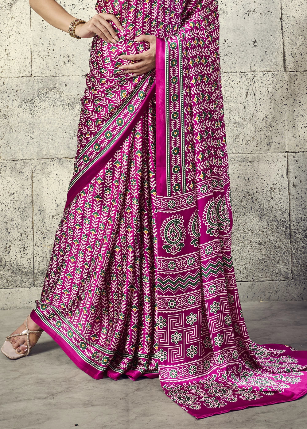 Magenta Pink Modal Satin Ajrakh Print Saree with Contrast Blouse
