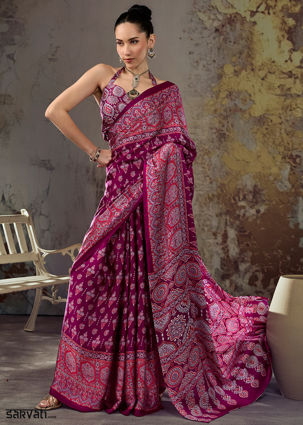 Pink &amp; Purple Modal Satin Saree with Crafted Ajrakh Motifs