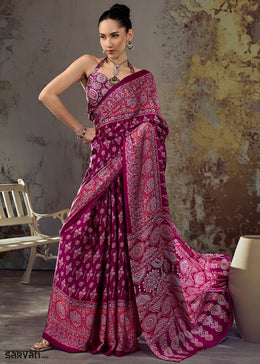 Pink & Purple Modal Satin Saree with Crafted Ajrakh Motifs