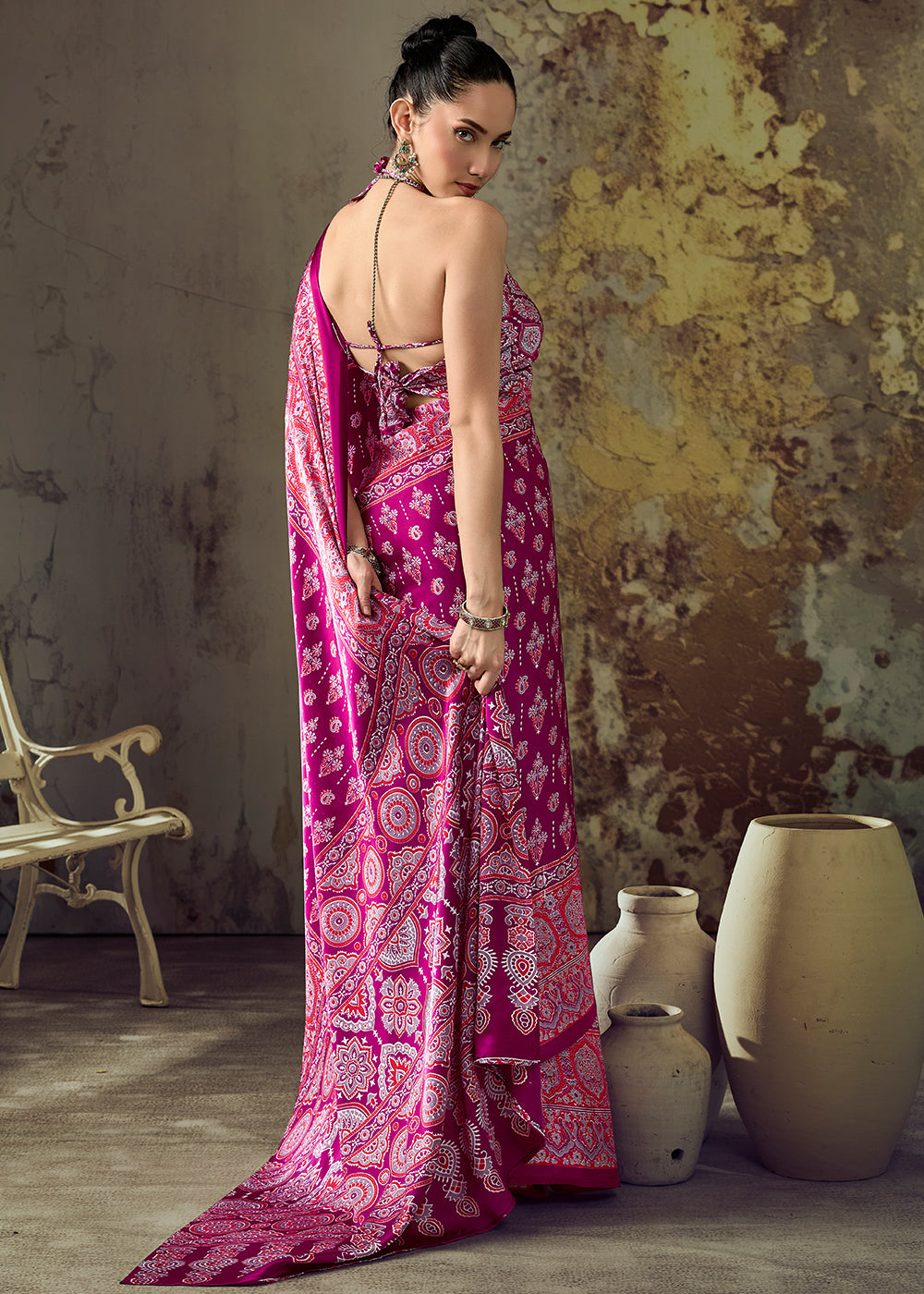 Pink & Purple Modal Satin Saree with Crafted Ajrakh Motifs