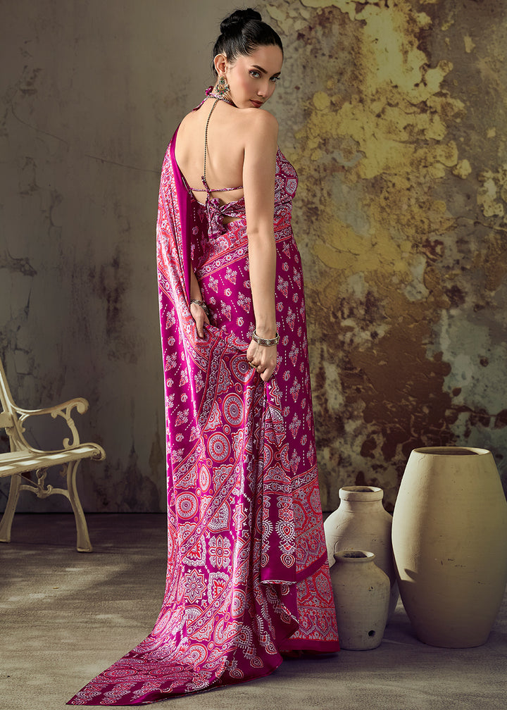 Pink &amp; Purple Modal Satin Saree with Crafted Ajrakh Motifs