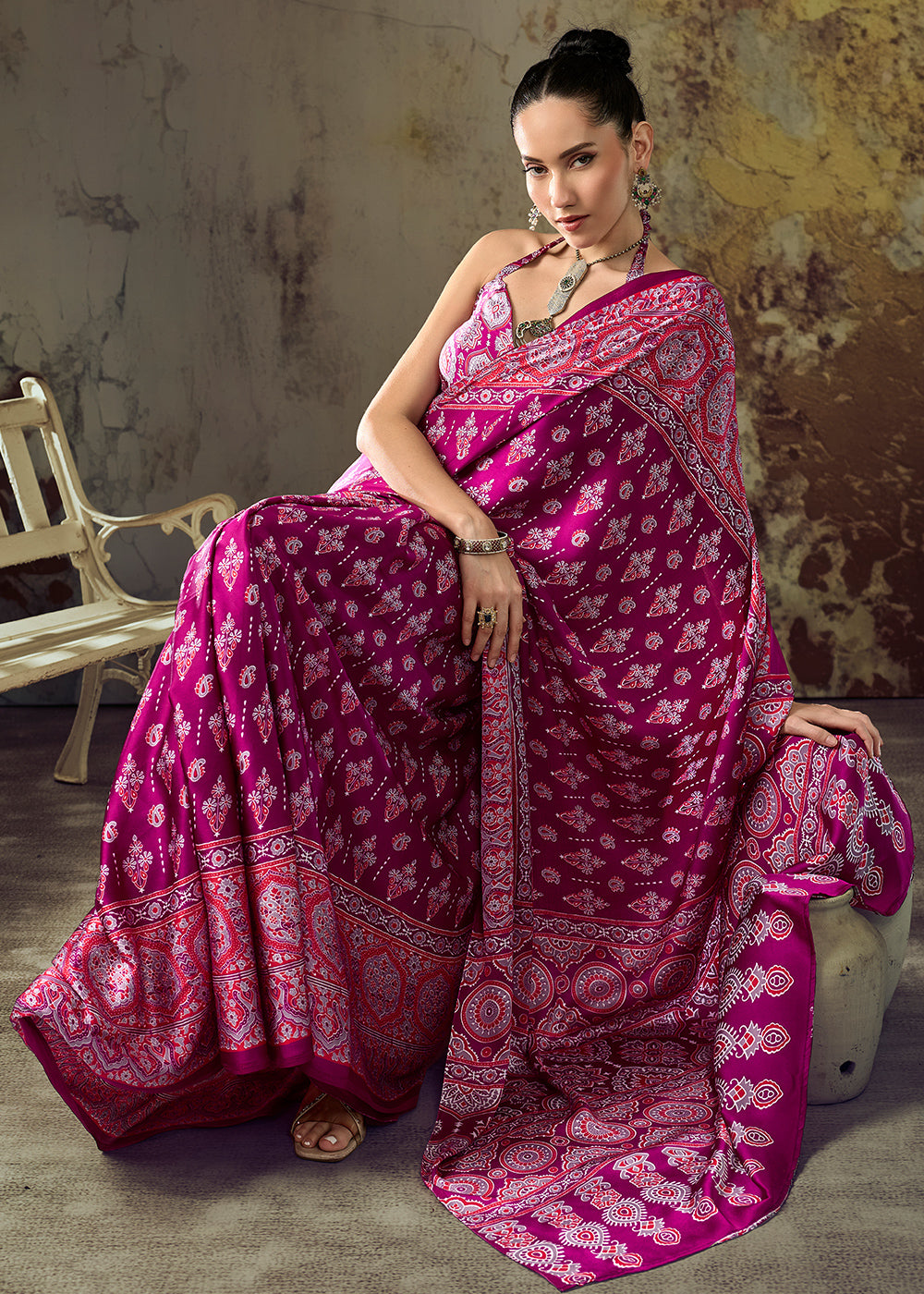 Pink &amp; Purple Modal Satin Saree with Crafted Ajrakh Motifs