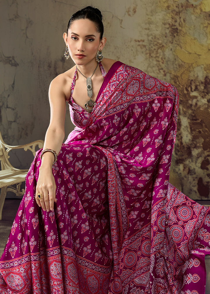 Pink &amp; Purple Modal Satin Saree with Crafted Ajrakh Motifs