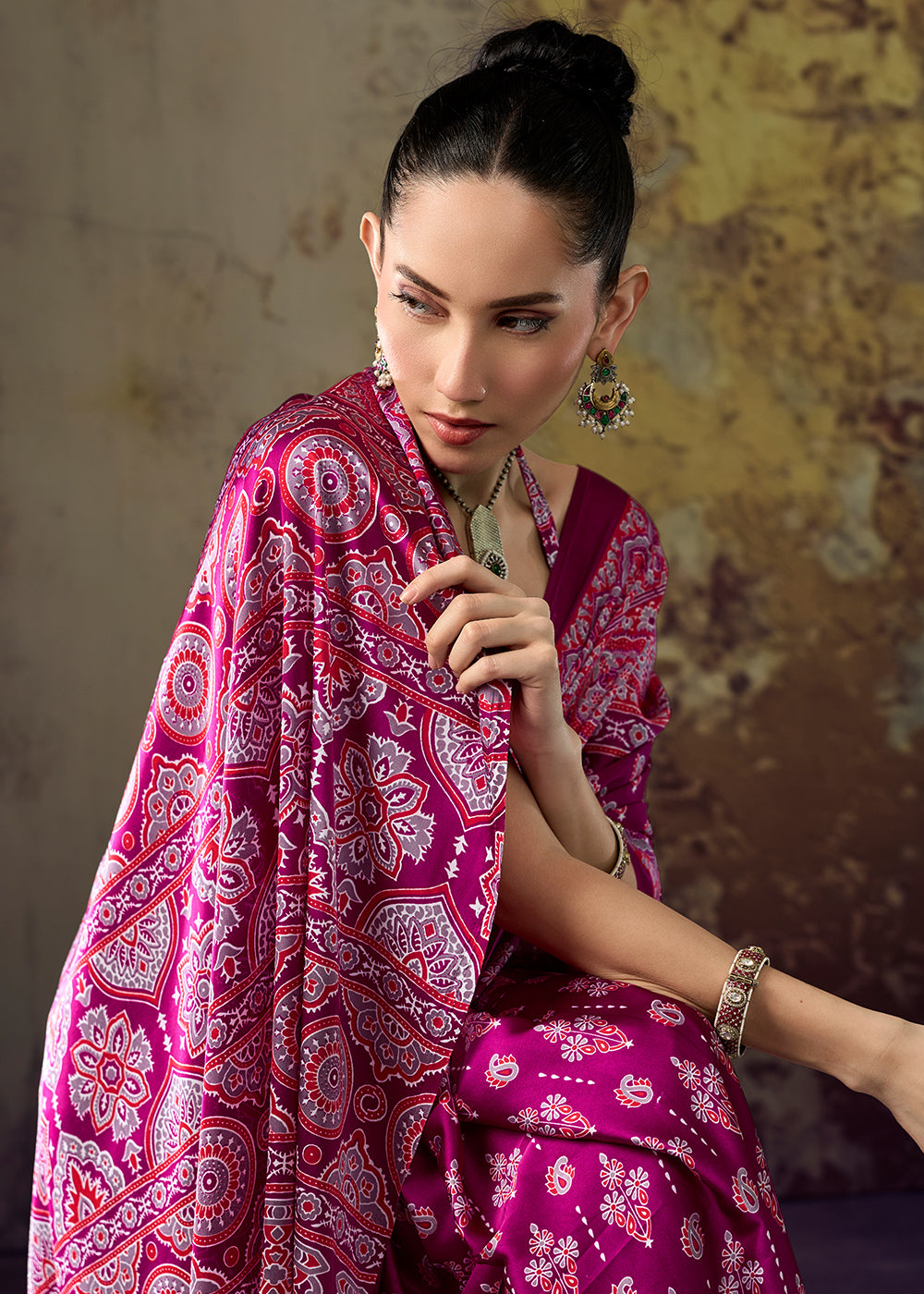Pink &amp; Purple Modal Satin Saree with Crafted Ajrakh Motifs