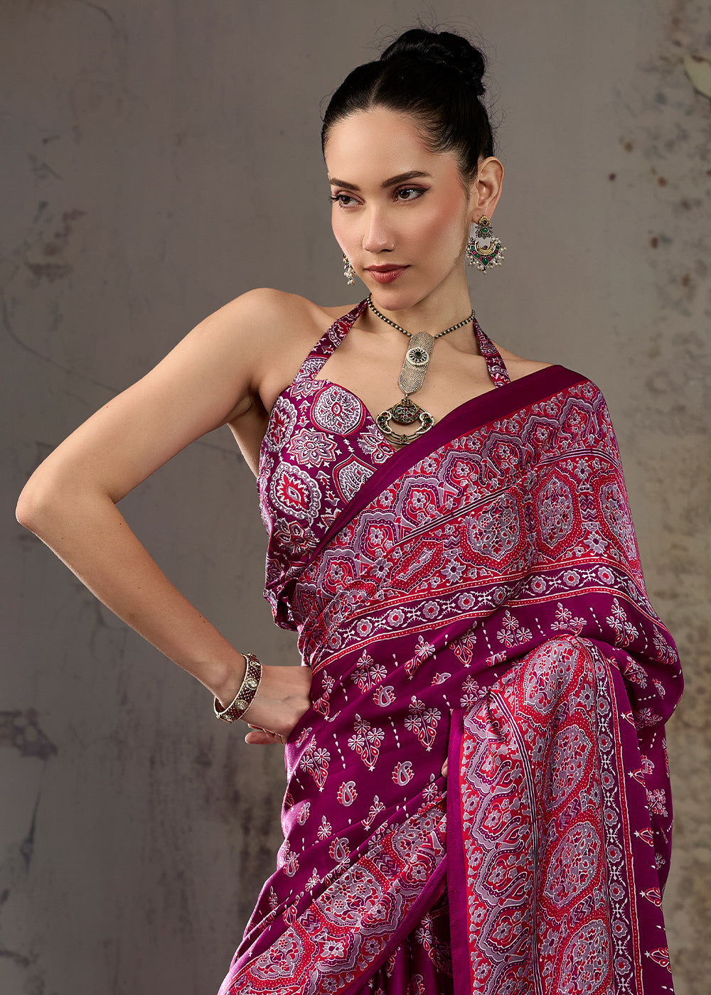 Pink &amp; Purple Modal Satin Saree with Crafted Ajrakh Motifs
