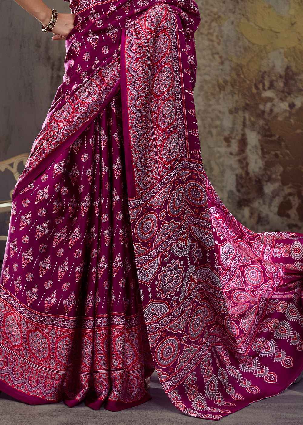 Pink &amp; Purple Modal Satin Saree with Crafted Ajrakh Motifs