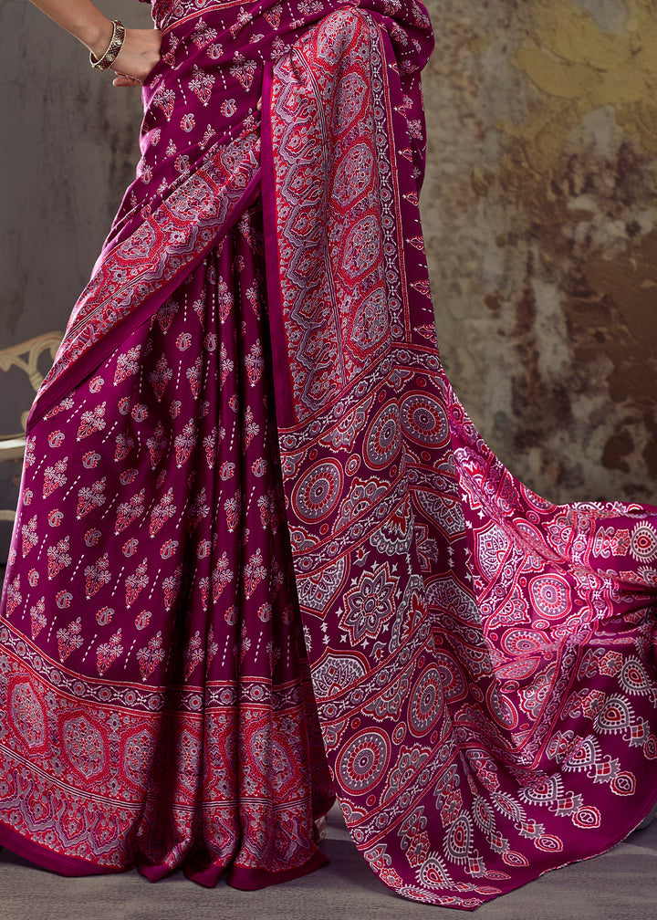 Pink &amp; Purple Modal Satin Saree with Crafted Ajrakh Motifs