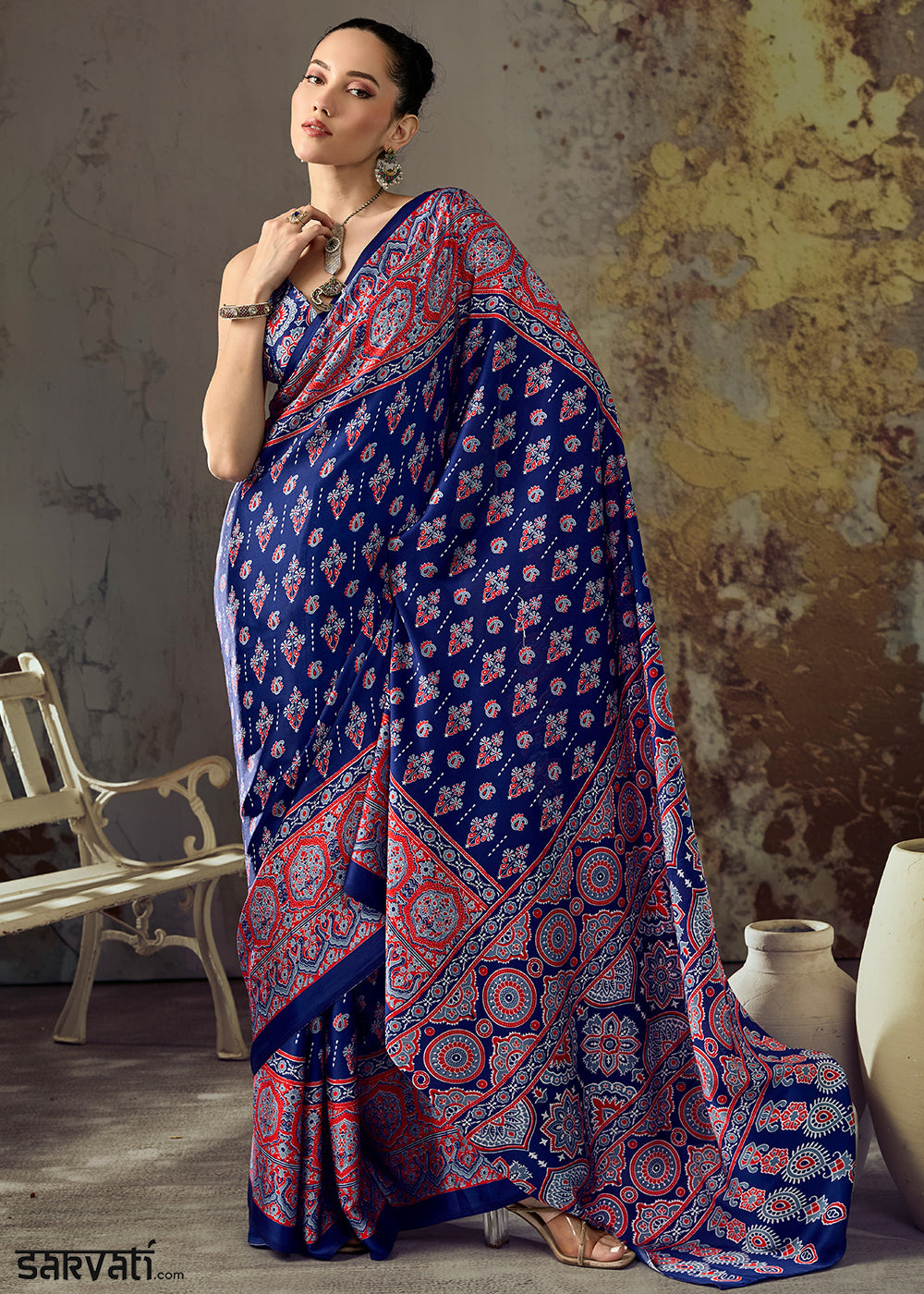 Navy Blue Modal Satin Saree with Crafted Ajrakh Motifs