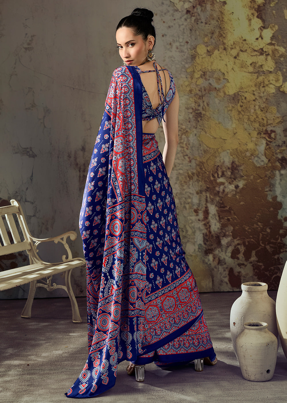 Navy Blue Modal Satin Saree with Crafted Ajrakh Motifs