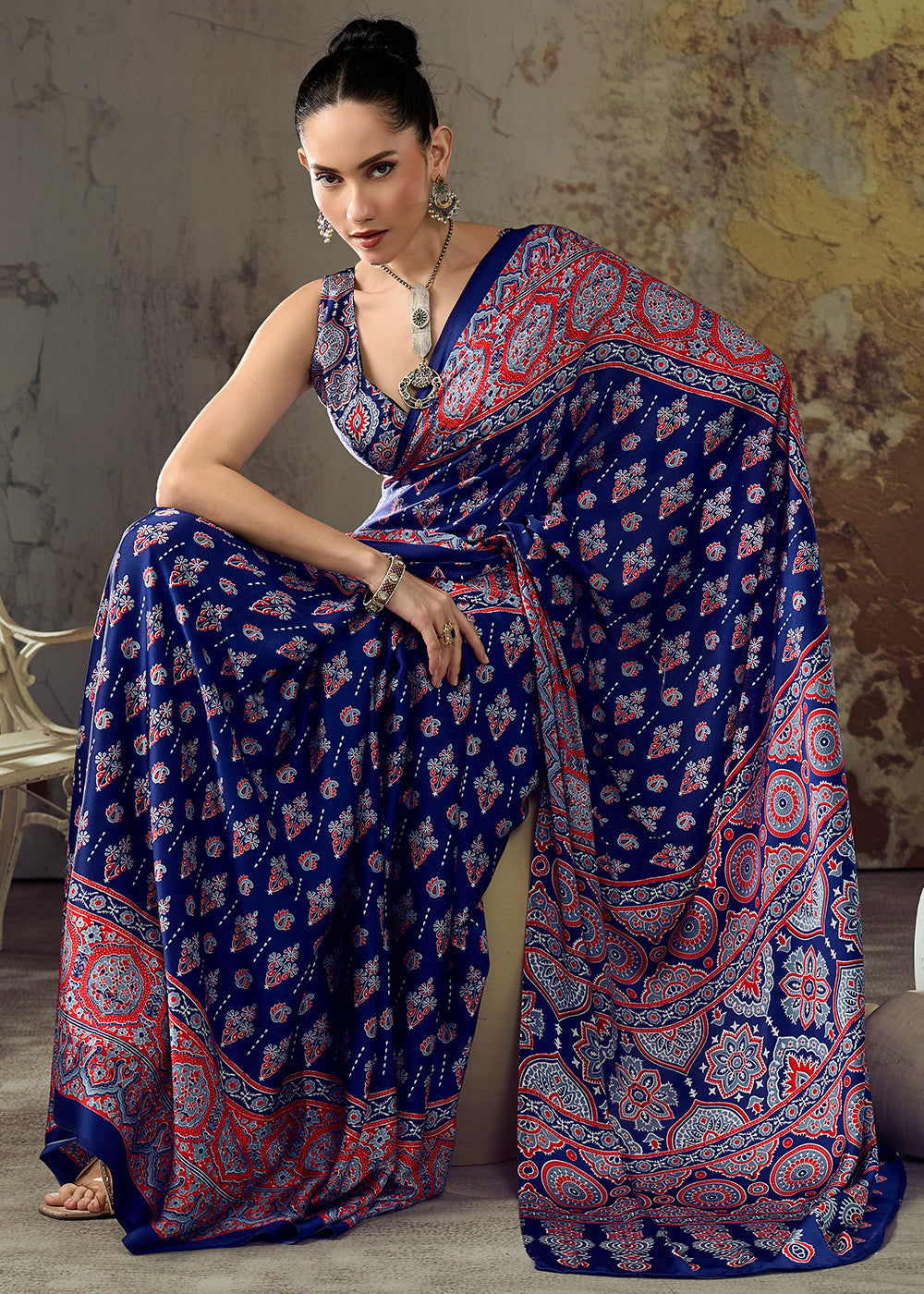 Navy Blue Modal Satin Saree with Crafted Ajrakh Motifs