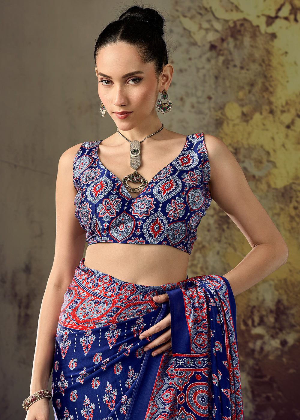 Navy Blue Modal Satin Saree with Crafted Ajrakh Motifs